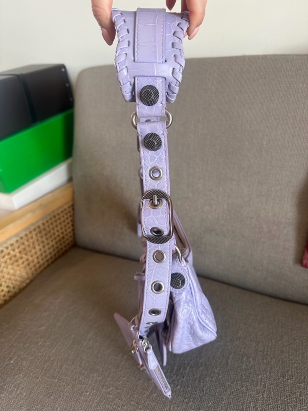 Balenciaga Lilac Croc-Embossed Shoulder Bag with Stud Details Le Cagole XS - Picture 6 of 6